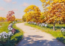Kwiaty i jesienne drzewa przy drodze na obrazie Johana Krouthena