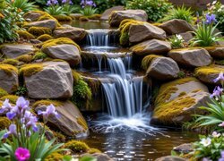 Kwiaty i kamienie przy kaskadzie w ogrodzie