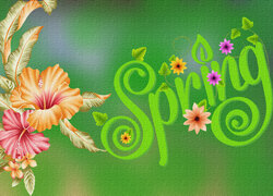 Kwiaty i napis Spring w grafice na zielonym tle