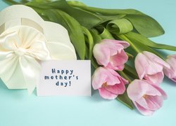 Dzień Matki, Różowe, Tulipany, Białe, Pudełko ozdobne, Serce, Prezent, Karteczka, Napis