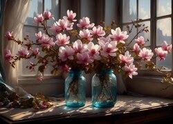 Kwiaty, Magnolia, Słoiki, Stół, Okno
