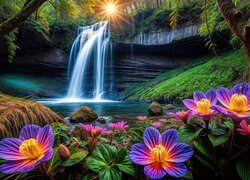 Kwiaty przy skalnym wodospadzie w promieniach słońca