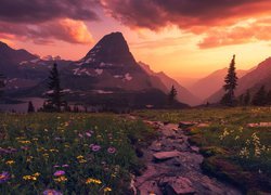 Góry, Jezioro, Drzewa, Łąka, Kwiaty, Zachód słońca, Chmury, Park Narodowy Glacier, Montana, Stany Zjednoczone