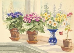 Obraz, Malarstwo, Akwarela, Olga Aleksandrowna Romanowa, Kwiaty, Doniczki, Wazon, Okno