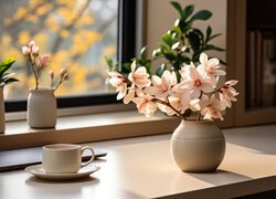 Kwiaty w wazonie obok filiżanki przy oknie
