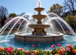 Kwiaty wokół fontanny w parku