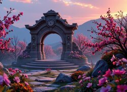 Kwitnące drzewa obok kamiennego łuku w stylu orientalnym z zegarem na tle gór