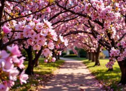 Kwitnące drzewa po obu stronach drogi