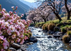 Kwitnące drzewa przy strumieniu na tle gór