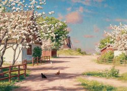 Kwitnące drzewa przy wiejskich domach na obrazie Johana Krouthena