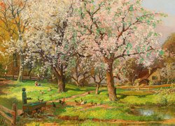 Kwitnące drzewa w sadzie na obrazie Aloisa Arneggera