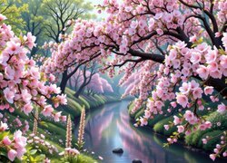 Kwitnące drzewa z różowymi kwiatami nad rzeką