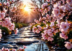 Kwitnące gałązki z różowymi kwiatami nad strumieniem w blasku zachodzącego słońca