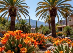 Kwitnące kaktusy z pomarańczowymi kwiatami pod palmami obok domów na tle gór