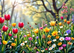 Kwitnące tulipany i inne kolorowe kwiaty na łące