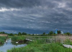 Zachmurzone, Niebo, Cerkiew, Kościół, Łąka, Staw, Łabędzie, Mostek