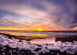 Islandia, Laguna Jökulsárlón, Morze, Zachód słońca, Lód