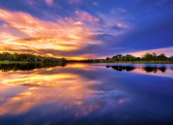 Jezioro, Lake Houston, Drzewa, Zachód słońca, Odbicie, Stan Georgia, Stany Zjednoczone