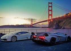 Gry, PC, XBOX, PS4, Gran Turismo, Samochody, Sportowe, Lamborghini Huracan, Lamborghini Veneno, Parking, Nabrzeże, Most, Wieczór