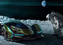 Lamborghini Lambo V12 Vision GT na księżycu obok astronauty