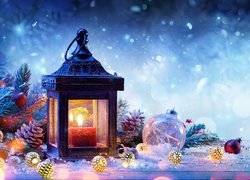 Kompozycja, Świąteczna, Lampion, Bombki, Śnieg, Boże Narodzenie
