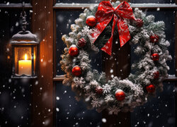 Lampion i wieniec świąteczny z kokardą na drzwiach