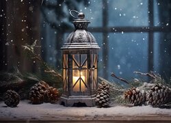 Lampion na śniegu wśród gałązek i szyszek