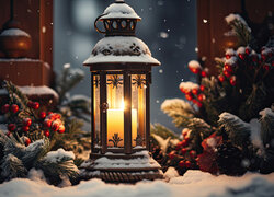 Lampion na śniegu wśród gałązek