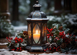Lampion na śniegu wśród szyszek i gałązek