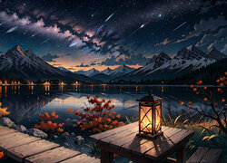 Jezioro, Stół, Lampion, Pomost, Góry, Niebo, Gwiazdy, 2D