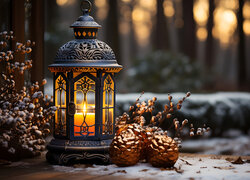 Lampion obok gałązek i szyszek na śniegu