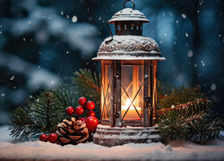 Lampion z płonącą świecą obok gałązek i szyszki na śniegu