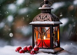 Zima, Śnieg, Lampion, Świeca, Jagody