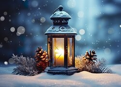 Oświetlony, Lampion, Śnieg, Szyszki