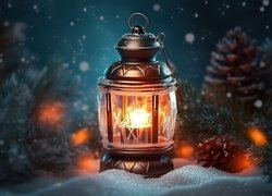 Lampion z zapaloną świecą na śniegu obok szyszek i gałązek