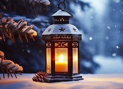 Lampion z zapaloną świecą obok ośnieżonych gałązek