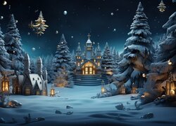 Zima, Boże Narodzenie, Drzewa, Choinki, Ośnieżone, Latarnie, Kościółek, Domy, 2D