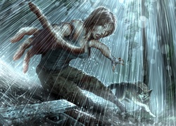 Lara Croft i wilk w scenie z gry Tomb Raider