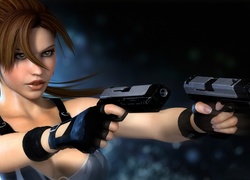 Lara Croft z bronią w rękach w grze komputerowej Tomb Raider