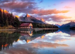 Las i przystań nad jeziorem Maligne Lake w Parku Narodowym Jasper