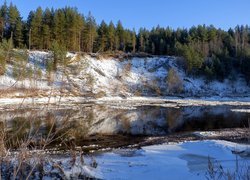 Las na ośnieżonym wzgórzu nad zamarzającą rzeką