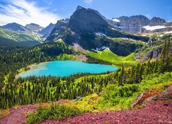 Park Narodowy Glacier, Jezioro, Grinnell Lake, Góry, Lasy, Niebo, Montana, Stany Zjednoczone