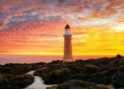 Morze, Wybrzeże, Latarnia morska, Cape du Couedic Lighthouse, Chmury, Zachód słońca, Australia