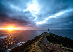 Latarnia morska, Cape Reinga Lighthouse, Droga, Morze, Skała, Zachód słońca, Cypel, Przylądek Reinga, Northland, Nowa Zelandia