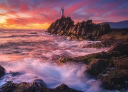 Morze, Latarnia morska, Cape Roger Curtis Lighthouse, Skały, Zachód słońca, Kanada