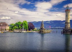 Jezioro Bodeńskie, Dom, Żaglówki, Drzewa, Latarnia morska, New Lighthouse, Lindau, Bawaria, Niemcy