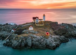 Morze, Skały, Latarnia morska, Nubble Lighthouse, Cape Neddick, Stan Maine, Stany Zjednoczone