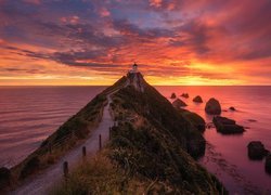 Morze, Latarnia morska, Nugget Point Lighthouse, Ścieżka, Skały, Zachód słońca, Otago, Nowa Zelandia