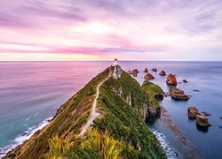 Morze, Latarnia morska, Nugget Point Lighthouse, Ścieżka, Skały, Otago, Nowa Zelandia