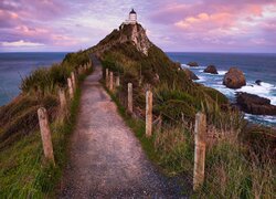 Morze, Skały, Latarnia morska, Nugget Point Lighthouse, Ścieżka, Otago, Nowa Zelandia